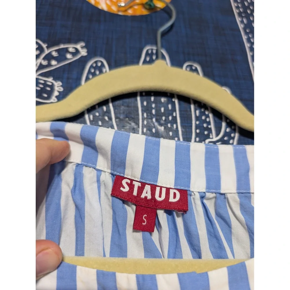 Staud Ellington Cotton Striped Puff Sleeve Cropped Top Blue Women's Size S